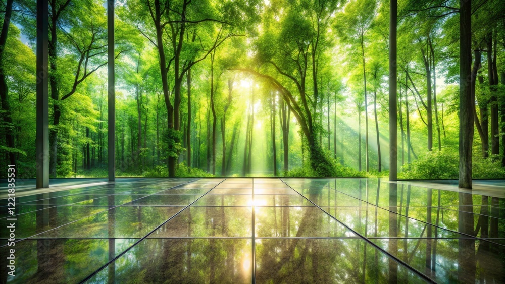 Obraz premium Double Exposure Photography of an Empty Square Floor Merging with a Lush Green Forest Landscape, Nature Meets Urban Aesthetic