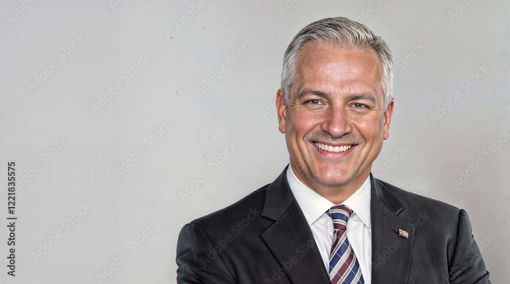 The image shows a person wearing a dark suit, white shirt, and a striped tie The image shows a person wearing a dark suit, white shirt, and a striped tie