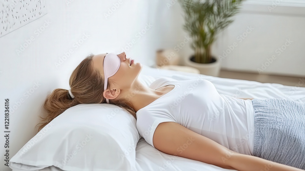 Woman with a pink eye mask sleeping in a minimalist room. Woman with a pink eye mask sleeping in a minimalist room.