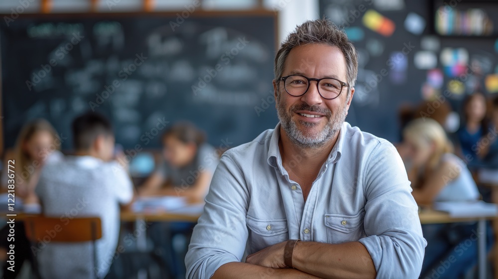 Fototapeta premium A male teacher with glasses is smiling and looking at the camera while seated at a classroom desk. Students are engaged in learning, creating a lively and positive atmosphere