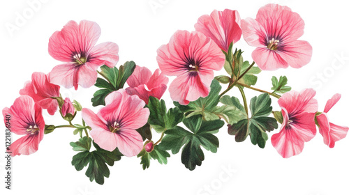 Pink Flower Spray: Delicate pink flowers with lush green foliage arranged in a charming floral spray, perfect for adding a touch of elegance and natural beauty to any design. 