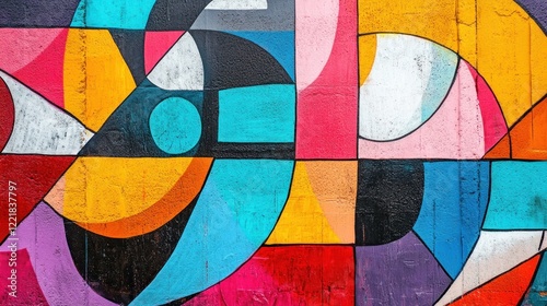 Abstract geometric mural painted on a concrete wall with vibrant colors and shapes.
