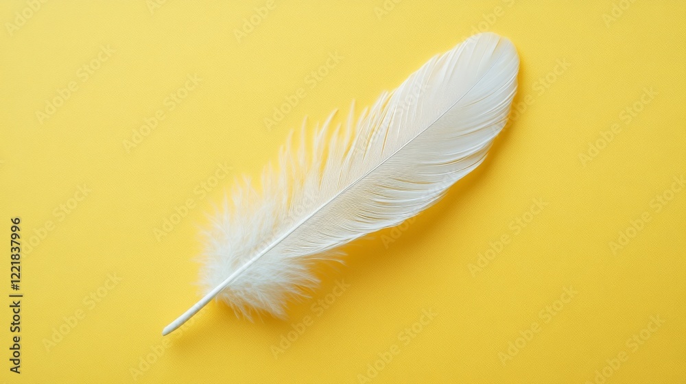 Obraz premium Single white feather rests on yellow background
