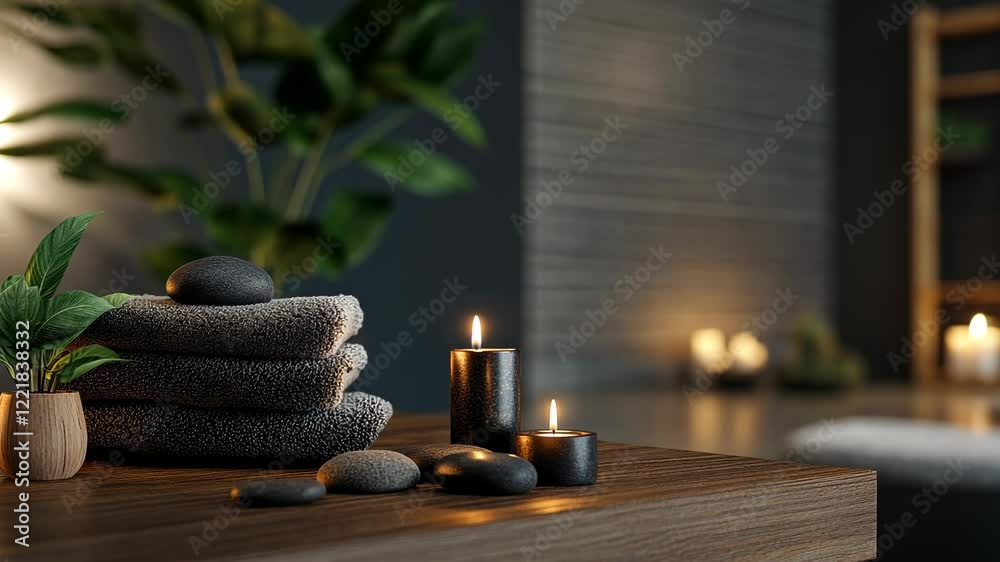 Relaxing spa setup with candles, stacked towels, and pebbles in a serene environment perfect for unwinding