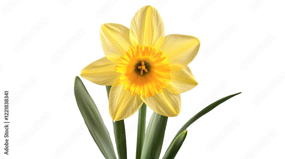Sunshine in Bloom: A single, vibrant yellow daffodil blossoms with delicate petals and a bright orange center, radiating a sense of joy and hope. The flower stands tall against a clean background. Sunshine in Bloom: A single, vibrant yellow daffodil blossoms with delicate petals and a bright orange center, radiating a sense of joy and hope. The flower stands tall against a clean background.