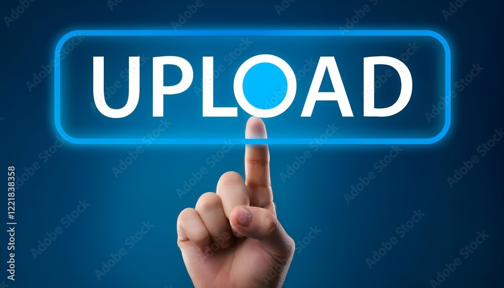Hand pressing Upload button on interface with blue background upload, cloud, wireless, information, online, Hand pressing Upload button on interface with blue background upload, cloud, wireless, information, online,