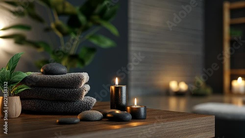 Relaxing spa setup with candles, stacked towels, and pebbles in a serene environment perfect for unwinding