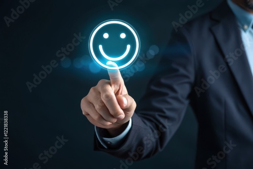 Businessman Engaging with a Virtual Smiley Face Interface in a Dimly Lit Environment