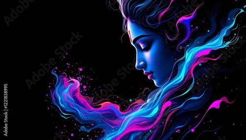 Radiant Blue Goddess Neon Hair Abstract Art photo