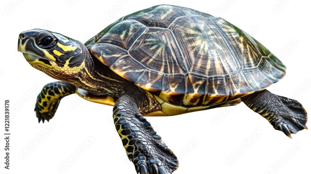 Obraz premium Striped Asian Turtle Close-Up: A detailed view of a striped Asian turtle, showcasing its intricate shell patterns and captivating gaze. The turtle's texture and colors are vividly displayed.