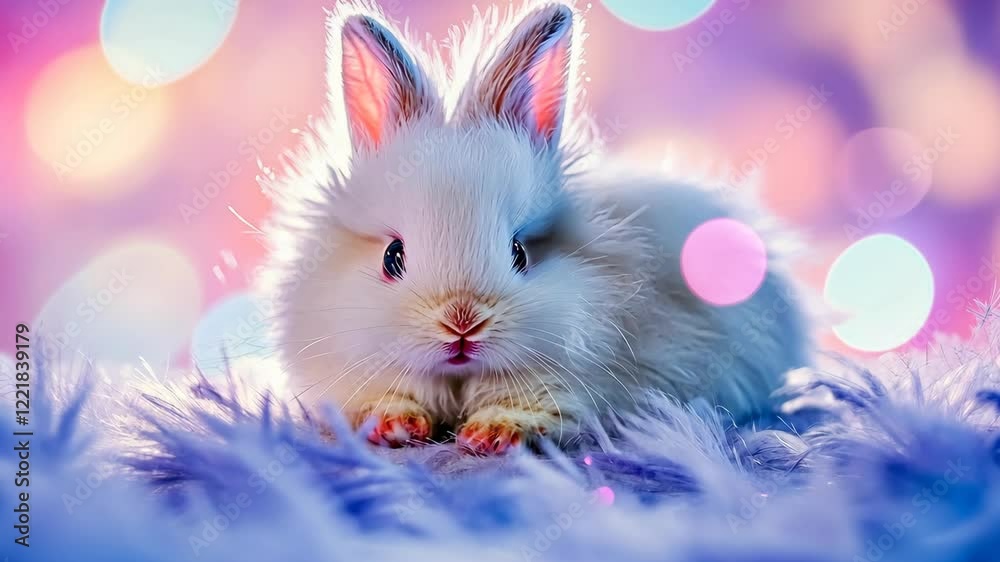 Cute fluffy bunny poses on a soft surface with colorful bokeh lighting in the background for a charming portrait capture
