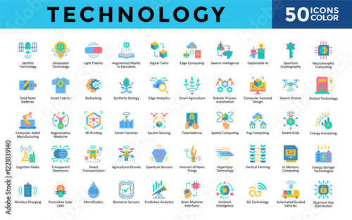 Technology icons set with satellite technology, geospatial technology, light fidelity, augmented reality in education, digital twins, edge computing, swarm intelligence icon. Simple color vector 
