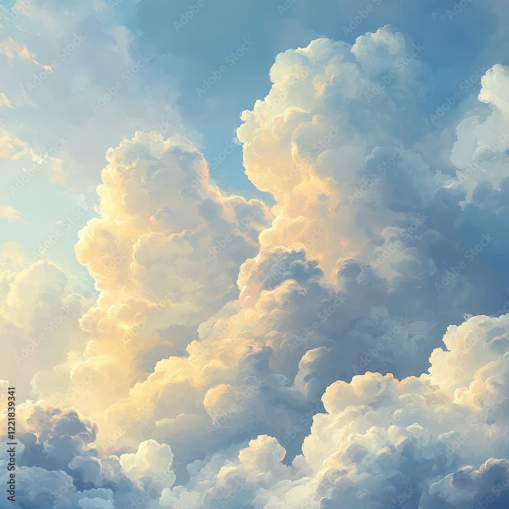 Fototapeta premium Golden Sunlight Illuminates Fluffy White Cloudscape