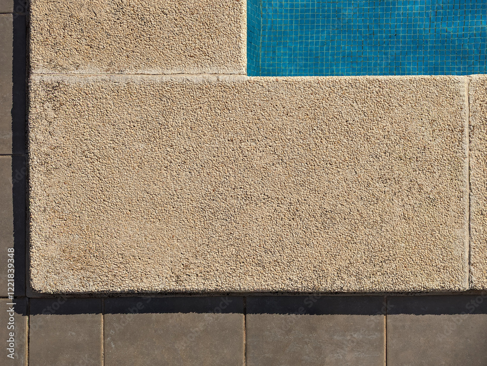 Fototapeta premium Poolside textured washed stone and concrete pavement blocks with gravel detail. Rustic light beige and cream slabs for swimming pool edging border. Serene summery atmosphere for outdoor relaxation.