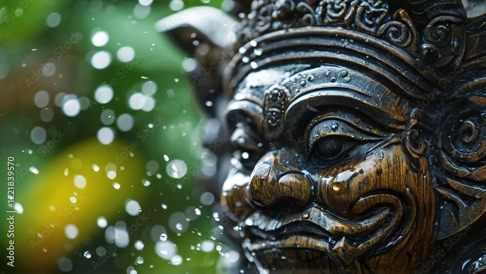 Fototapeta premium Water splashing on Balinese statue, garden background, cultural heritage