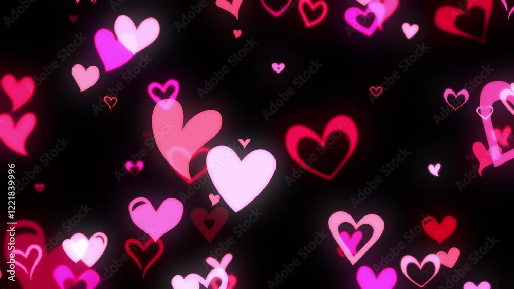 Various heart shapes in glowing neon red and pink for Valentine's day. Hearts particles fading in and out for a romantic theme celebrating love, passion, or for a Valentines day background.