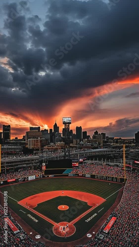 Baseball game at sunset with city skyline in background showcases vibrant colors and enthusiastic crowd