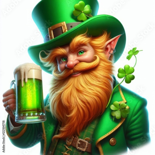 Cheerful leprechaun wearing a green hat holding a glass beer and shamrock celebrating St Patricks Day with an Irish festive theme illustration photo