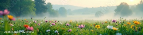 misty morning in a lush meadow with blooming flowers, calm, landscape, mist