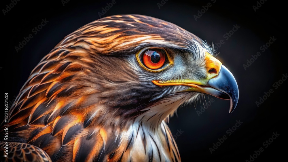 Intense Red-Eyed Hawk Profile - Close Up Bird Photography, Black Background Intense Red-Eyed Hawk Profile - Close Up Bird Photography, Black Background