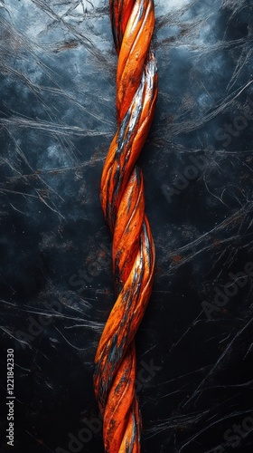Captivating abstract texture created by a twisted vibrant orange fiber or rope  The dramatic moody lighting and close up macro perspective highlight the intricate patterns textures and organic