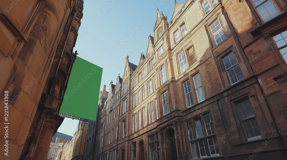 Fototapeta premium A street view featuring historic buildings and a green screen for potential signage or filming.