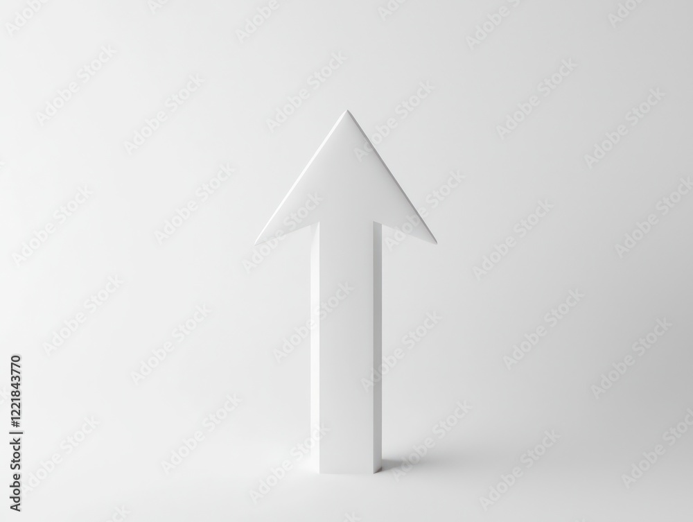 White 3D arrow, upward facing on a white setting, sharp focus. White 3D arrow, upward facing on a white setting, sharp focus.