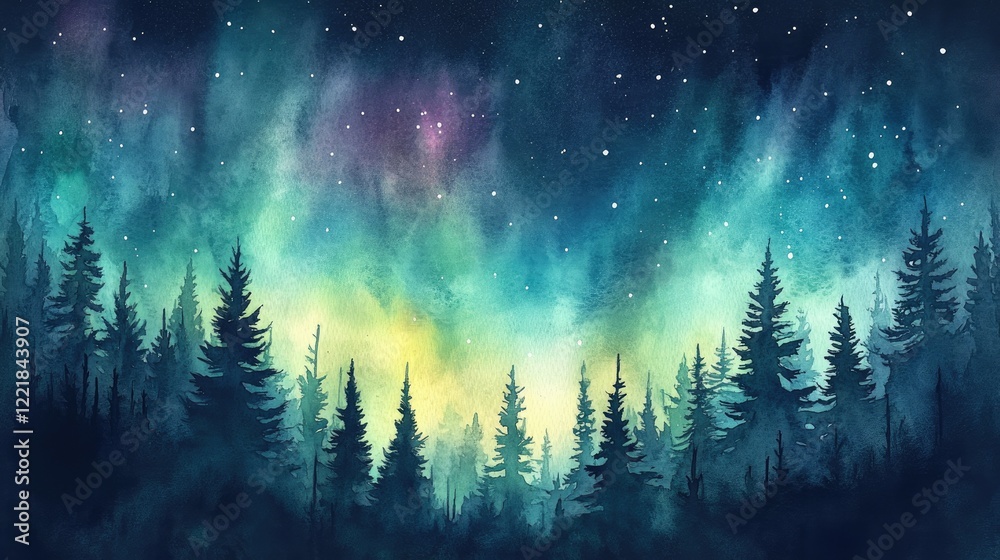 Naklejka premium Ethereal Night Sky Over Tranquil Pine Forest with Colorful Aurora Borealis and Starry Background in a Dreamlike Watercolor Painting