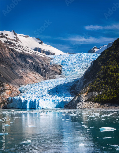 A majestic glacier flows between rugged mountains into a serene body of water, with floating icebergs under a clear blue sky