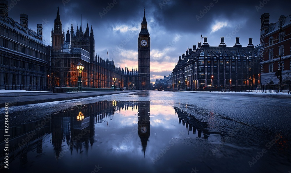 Naklejka premium Big Ben reflected in puddle on snowy London street at dusk