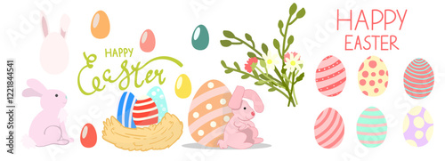 Set of vector elements for design for the Easter holiday. Rabbit, colored eggs, inscriptions and flowers.