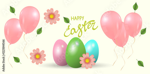 Set of vector elements for holiday design. Colored eggs, flowers, leaves, balls.