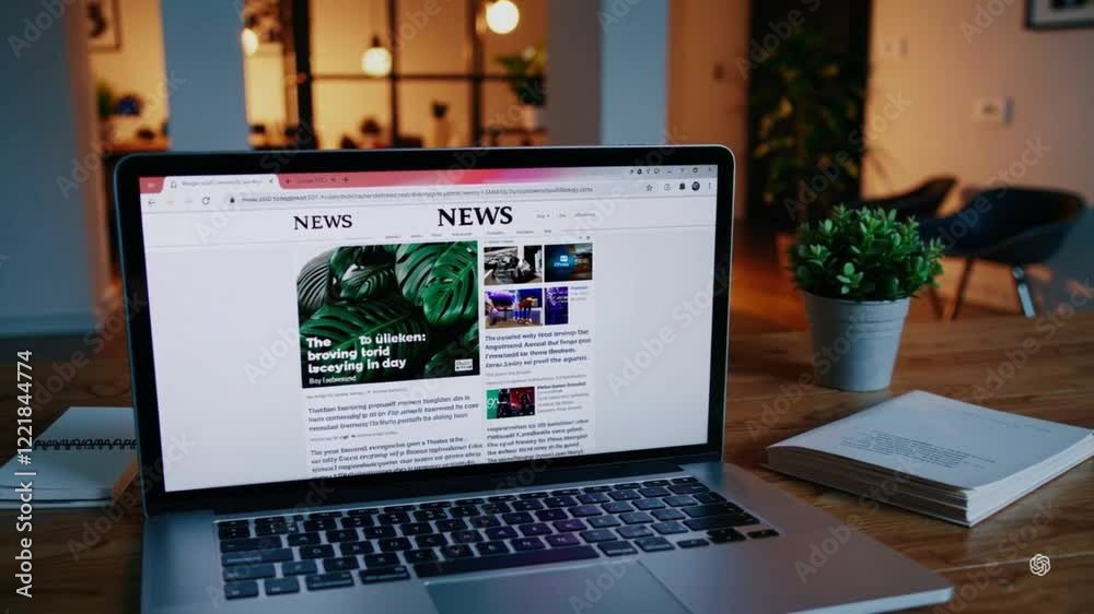 Laptop displaying an online news website on a wooden desk in a cozy home office. Warm lighting, a potted plant, and an open notebook create a productive atmosphere for staying informed and working rem