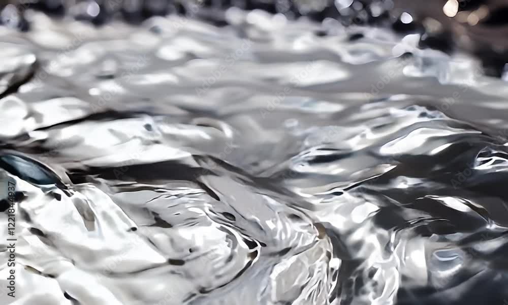 Close-up of shimmering liquid surface with silver and reflective waves, creating a sleek and dynamic abstract texture.