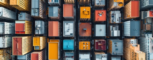 Aerial view downtown composition concept. Aerial view of a vibrant cityscape featuring colorful rooftops and urban architecture.