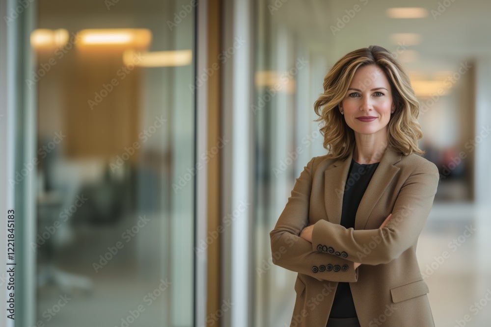 Obraz premium Portrait of successful business woman inside office, standing with arms crossed. mocha mousse suit, businesswoman, business, portrait, happy, arms crossed, executive, professional, success, manager