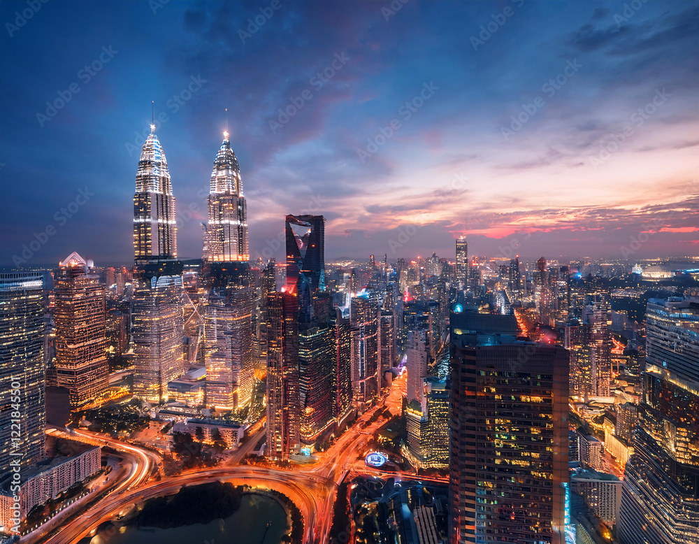 Naklejka premium A bustling cityscape at twilight, with towering skyscrapers and illuminated streets