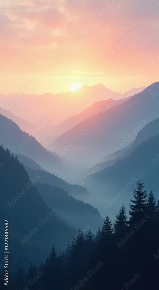 Fototapeta premium Mountains with a sunset in the distance and a few trees