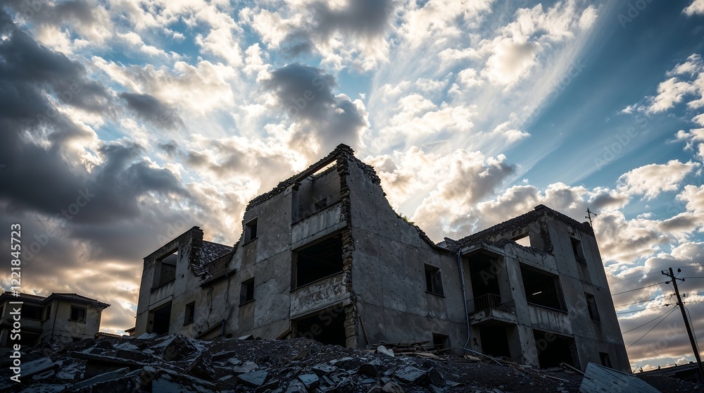 Ruined Building Dramatic Sunset Sky Photo Ruined Building Dramatic Sunset Sky Photo