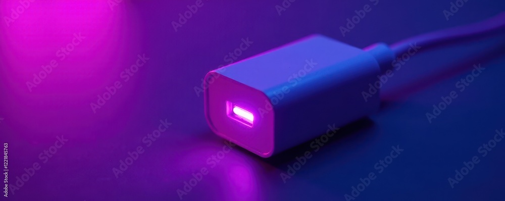Fototapeta premium Close-up vibrant purple fast charger with lightning icon , energy efficiency, digital