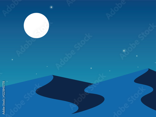 Blue fairy desert landscape at night sky with full moon and stars
