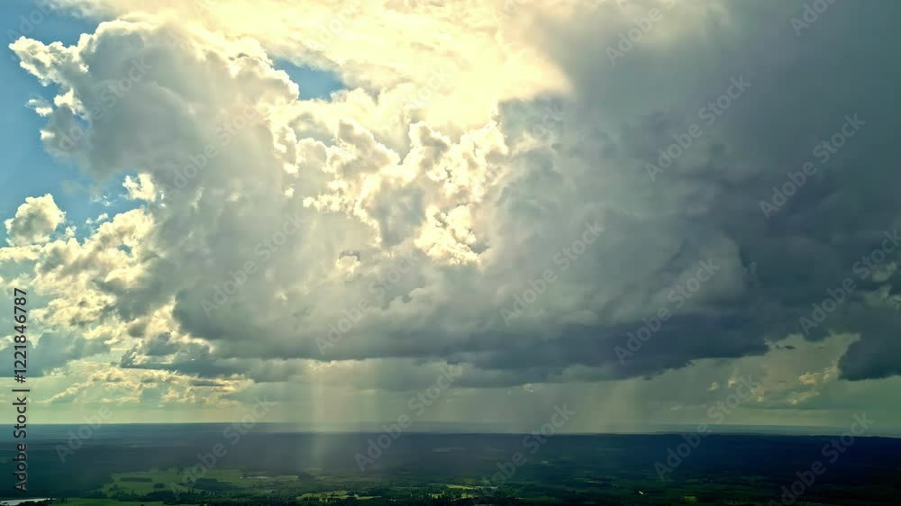 Aerial establishing landscape, sun shining over dense white clouds above forested green rural area in summer location Aerial establishing landscape, sun shining over dense white clouds above forested green rural area in summer location
