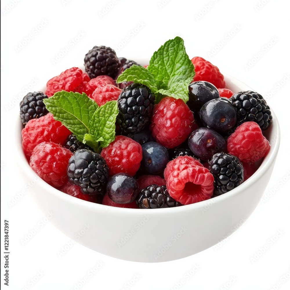 A bowl of colorful mixed berries with mint leaves, isolated white background, surrealism art style A bowl of colorful mixed berries with mint leaves, isolated white background, surrealism art style