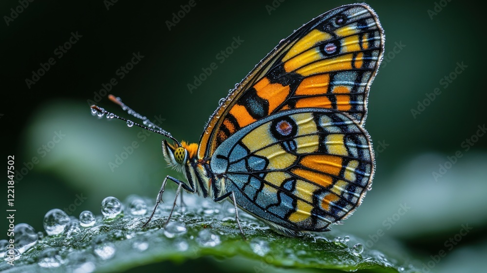 Fototapeta premium Colorful butterfly with dew drops on a leaf.