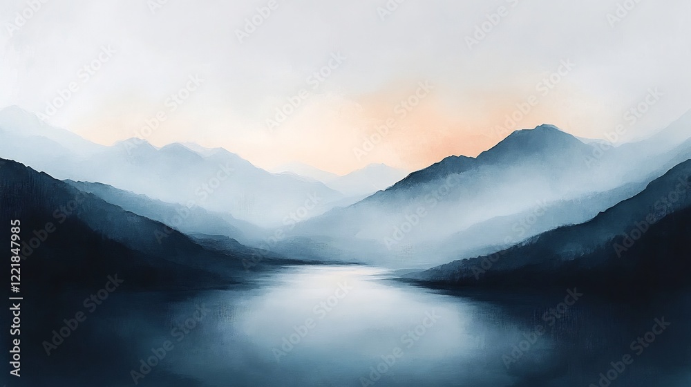 Obraz premium Serene misty mountains softly embrace tranquil lake at dawn. AI Generated