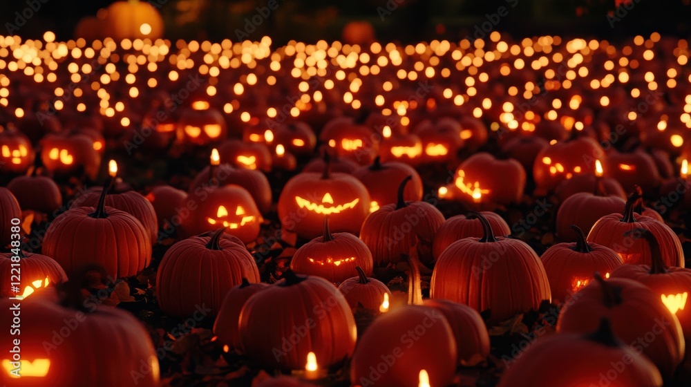 Obraz premium Glowing Jack-O-Lanterns Illuminate a Festive Pumpkin Patch Scene