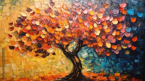 Obraz na płótnie Colorful abstract tree painting with textured leaves in warm and cool tones. w salonie