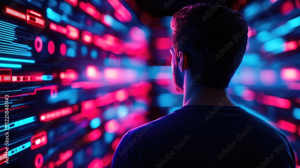 Cyberpunk Man Facing Digital Data Stream