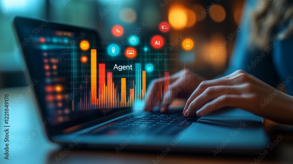 A woman working with an AI agent at a laptop computer symbolizing agentic digital autonomy using teamwork and human collaboration in the workforce A woman working with an AI agent at a laptop computer symbolizing agentic digital autonomy using teamwork and human collaboration in the workforce