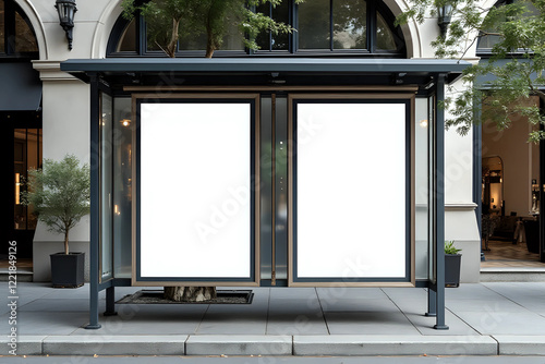 Mockup Of Empty Bus Stop Billboard In Front Of Luxury Store. Two Blank Advertising Poster Sign Boards On The City Street